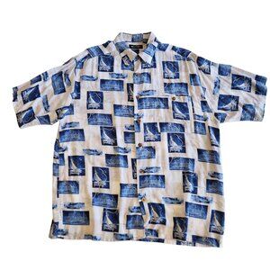 Puritan Tropical Shirt Vintage Yachting All Over Print Rayon Blue White Large